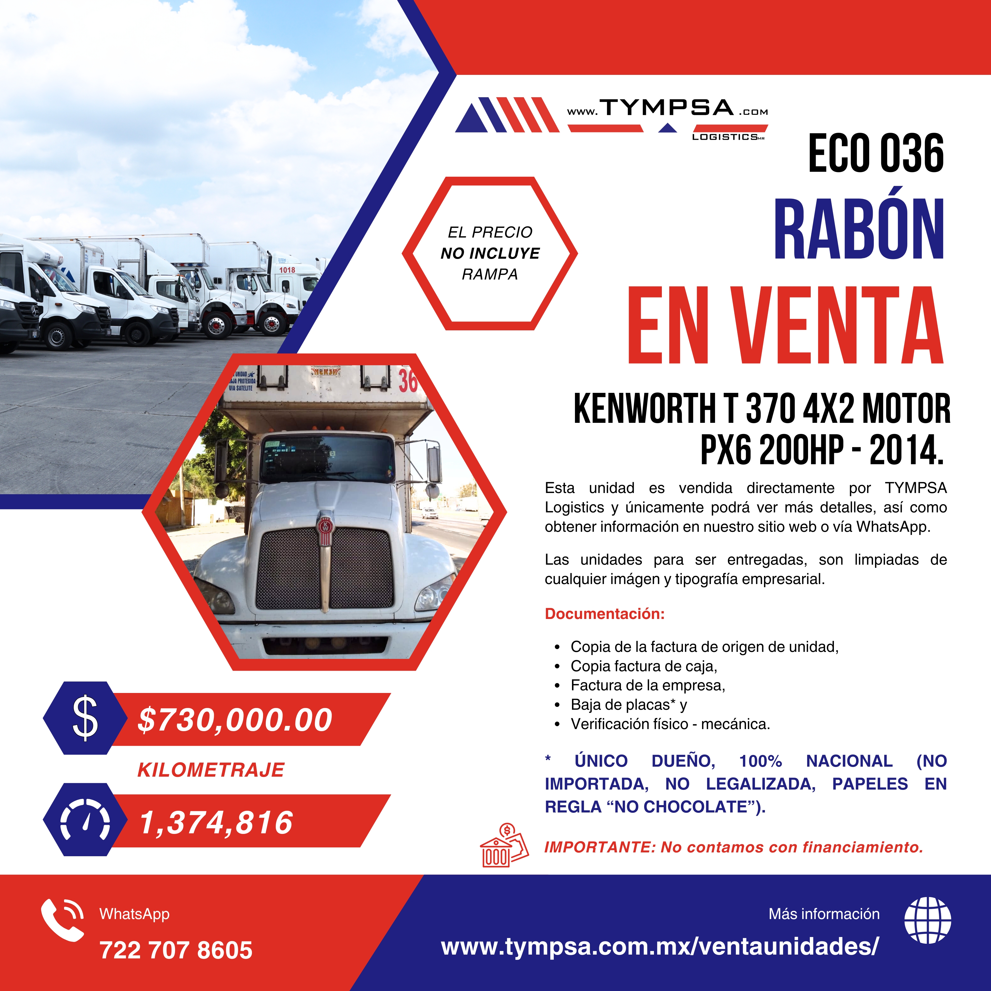 ECO 036 KENWORTH T 370 4X2 MOTOR PX6 200HP - 2014